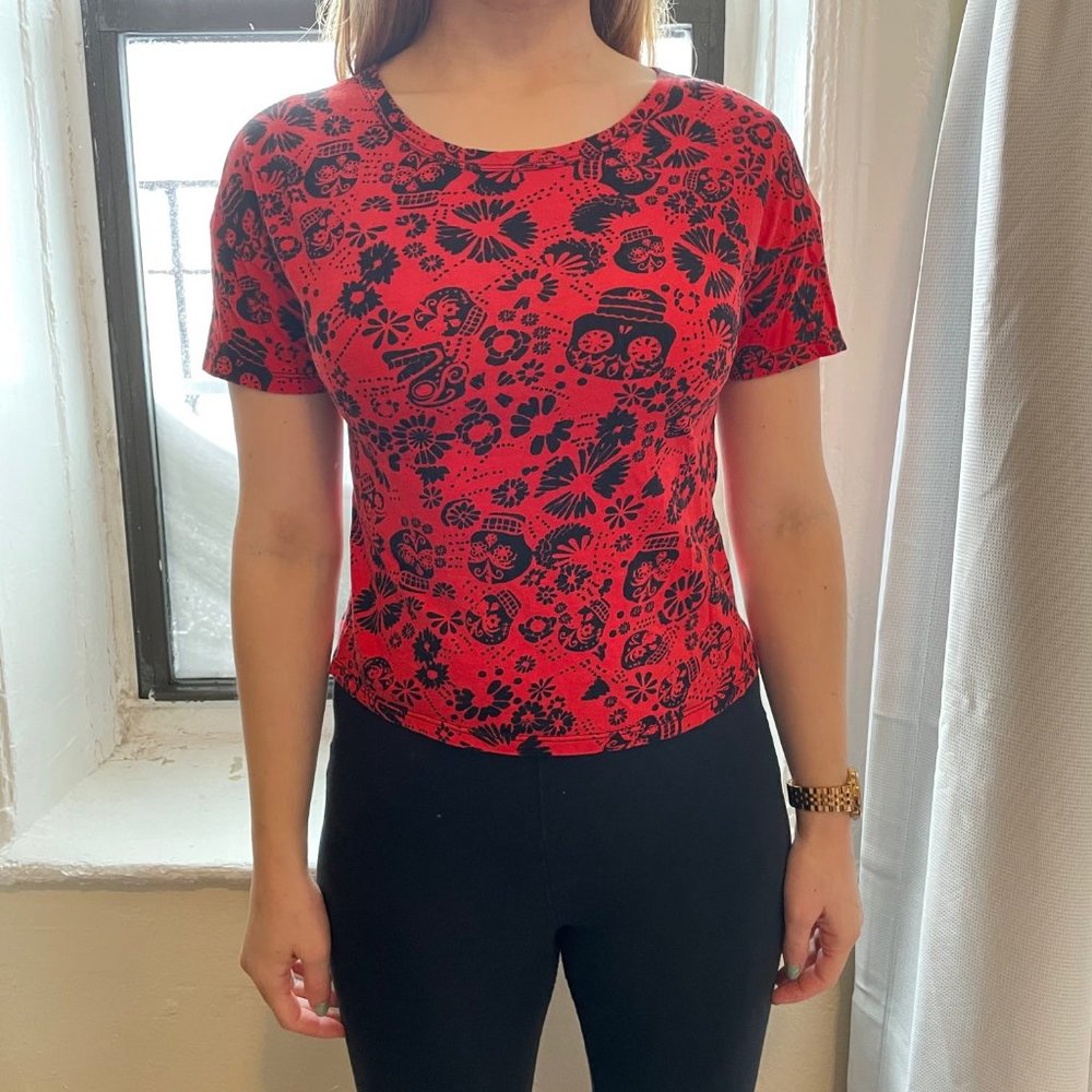 Topshop cropped red tee w Dia De Los Muertos print